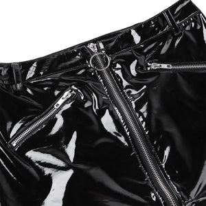 Women Ladies Wetlook Patent Leather Mini Skirts Fake Zipper Pockets Bodycon Sexy Pole Dancing Clubwear Stage Performance Skirt