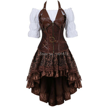 Load image into Gallery viewer, bustiers corset skirt 3 piece leather dress corset steampunk pirate lingerie corsetto irregular burlesque plus size black brown
