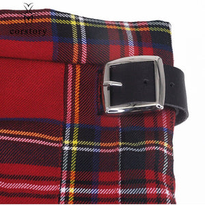 Scottish Mens Kilt Traditional Red Plaid Belt Pleated Chain Bilateral Short Skirt Gothic Punk Scotland Skirts Tartan Trousers XL - CosCouture