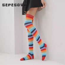 Load image into Gallery viewer, Rainbow Pattern Women Multicolor Socks Thigh High Long - CosCouture
