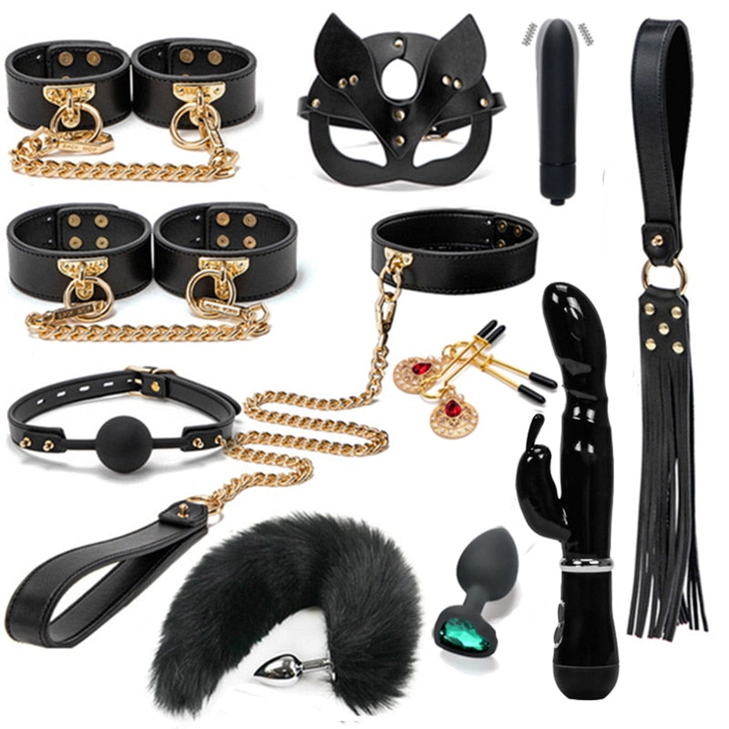 BLACKWOLF BDSM Bondage Kits Genuine Leather Restraint Set Handcuffs Collar Gag Rabbit Vibrators Adult Sex Toys For Women Couples