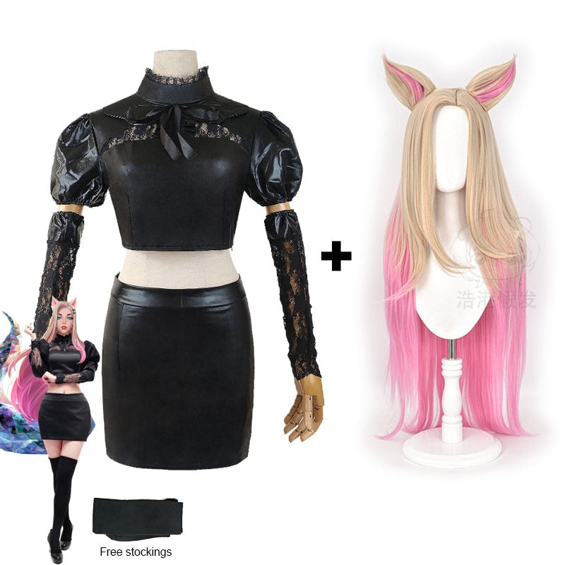 Ahri Cosplay Costume LOL Baddest KDA Ahri Cosplay Wig and Woman Black Uniforms Halloween Carnival Paty Costumes - CosCouture