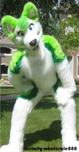 Green Husky Dog Fox Fursuit Furry Mascot Costume Suits Long Fur Adult Party Cosplay Game Dress Outdoor Outfit Birthday Party - CosCouture