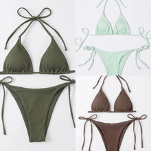 Load image into Gallery viewer, Lace-up Hanging Neck Three-Point Bikinis Pure Ribbon Chest Pad Triangle Bag Swimsuit European and American Sexy Thong Bikini
