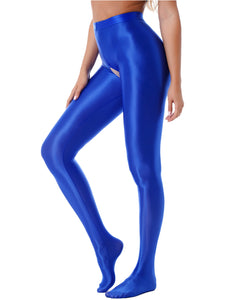 Womens Glossy Crotchless Pantyhose Sexy High Waist Oily Shiny Tights Leggings pants Exotic Wetlook Open Crotch  Nightwear