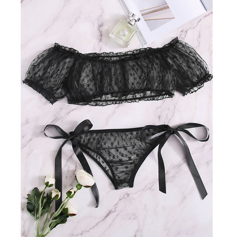 Sensual Lingerie Woman Sexy Bra Set See Through Exotic Sets Babydoll Lingerie Floral Off Shoulder Bralette Ruffle Sexy Underwear