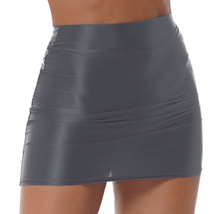 Womens Glossy Pencil Skirt Solid Color Casual High Waist Rave Party Festival Clubwear Elastic Miniskirt for Stage Performance