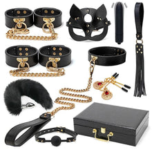 Load image into Gallery viewer, BLACKWOLF BDSM Bondage Kits Genuine Leather Restraint Set Handcuffs Collar Gag Rabbit Vibrators Adult Sex Toys For Women Couples
