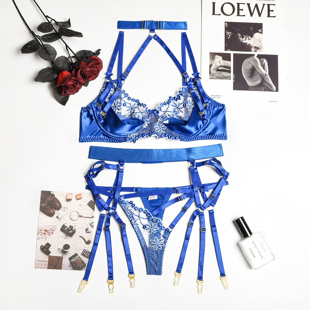 Yimunancy 3-Piece Lace Lingerie Set Women Cut Out 5 Colors Embroidery Floral Erotic Set Pink Bandage Sexy Brief Kit