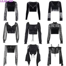 Load image into Gallery viewer, Goth Black Long Sleeve Corset Crop Tops Women Aesthetic Sexy V-Neck Velvet Lace Mesh T-Shirts Y2K Harajuku Vintage Fashion Tops
