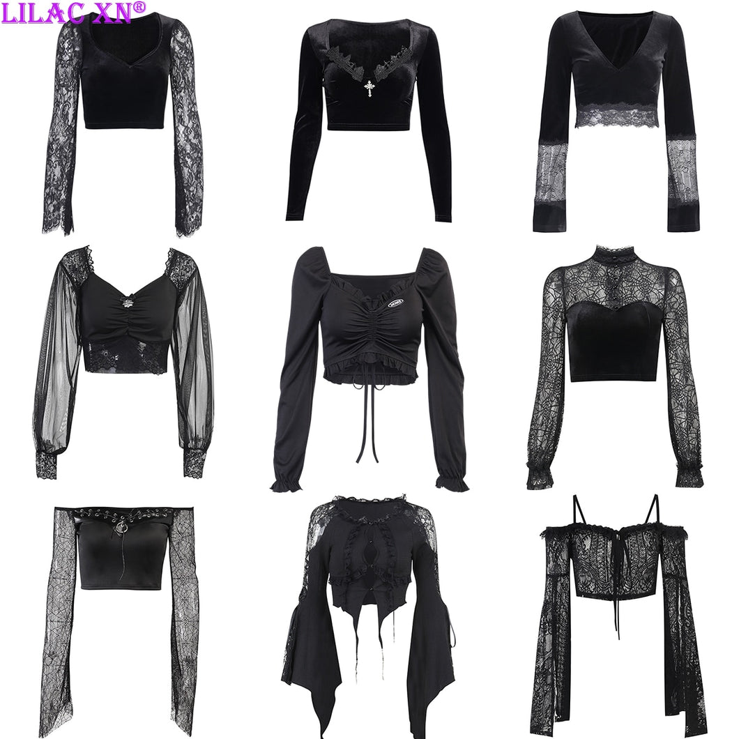 Goth Black Long Sleeve Corset Crop Tops Women Aesthetic Sexy V-Neck Velvet Lace Mesh T-Shirts Y2K Harajuku Vintage Fashion Tops