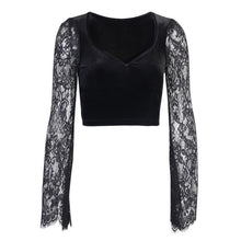 Load image into Gallery viewer, Goth Black Long Sleeve Corset Crop Tops Women Aesthetic Sexy V-Neck Velvet Lace Mesh T-Shirts Y2K Harajuku Vintage Fashion Tops
