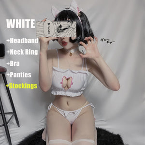 4Pcs Japanese Women Cat Bra Set Lovely Cartoon Maid Underwear Set Hollow Cosplay Costume Cute Lolita Kawaii Outfit Sexy Lingerie