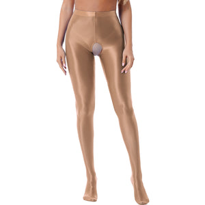 Womens Glossy Crotchless Pantyhose Sexy High Waist Oily Shiny Tights Leggings pants Exotic Wetlook Open Crotch  Nightwear