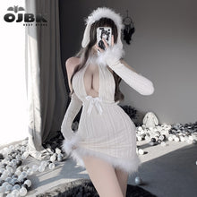 Load image into Gallery viewer, OJBK Bunny Girl Cosplay Costumes Halter Backless Plush Slim Bodycon Mini Dress Women Open Chest Kawaii Lovely Tempatation Furry
