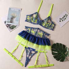 Load image into Gallery viewer, Yimunancy Lace Lingerie Set Women Sexy Patchwork Contrast Color Dress Mesh Brief Underwear Set Vintage Garter Kit

