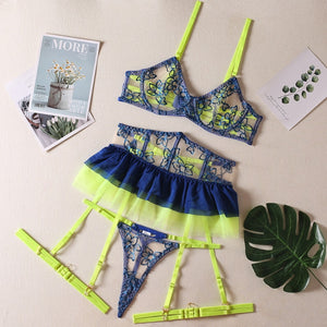 Yimunancy Lace Lingerie Set Women Sexy Patchwork Contrast Color Dress Mesh Brief Underwear Set Vintage Garter Kit