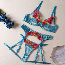 Load image into Gallery viewer, Yimunancy 3-Piece Contrast Color Lace Bra Set Women 10 Colors Embroidery Panty Underwear Set Ladies Blue Sexy Lingerie Set
