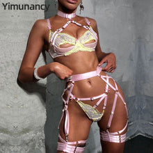 Load image into Gallery viewer, Yimunancy 3-Piece Lace Lingerie Set Women Cut Out 5 Colors Embroidery Floral Erotic Set Pink Bandage Sexy Brief Kit
