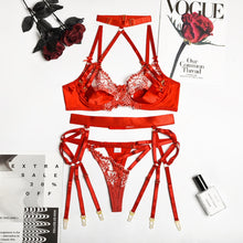 Load image into Gallery viewer, Yimunancy 3-Piece Lace Lingerie Set Women Cut Out 5 Colors Embroidery Floral Erotic Set Pink Bandage Sexy Brief Kit
