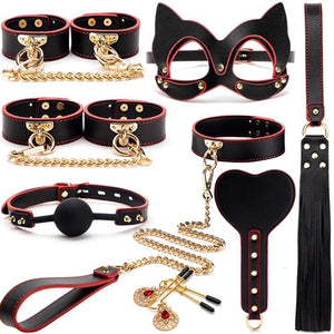 BLACKWOLF BDSM Bondage Kits Genuine Leather Restraint Set Handcuffs Collar Gag Rabbit Vibrators Adult Sex Toys For Women Couples