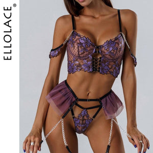 Ellolace Fancy Lingerie Floral Sexy Porn Underwear Women Body Ruffle Garters Briefs Transparent Bra Chic Sexy Costume 3-Piece