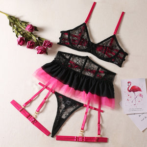 Yimunancy Lace Lingerie Set Women Sexy Patchwork Contrast Color Dress Mesh Brief Underwear Set Vintage Garter Kit