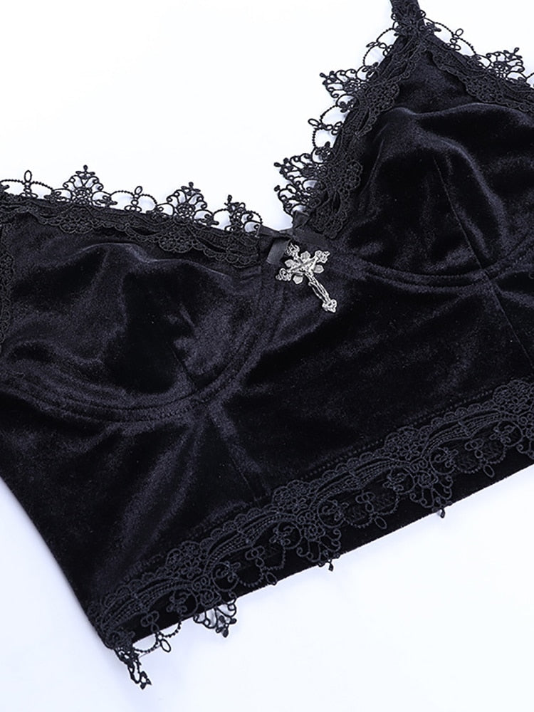 Goth Dark Mall Gothic Harajuku Velvet Camis Black Lace Trim Emo Alternative Aesthetic Crop Tops Women Backless Sexy Strap Tanks