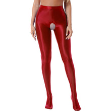 Load image into Gallery viewer, Womens Glossy Crotchless Pantyhose Sexy High Waist Oily Shiny Tights Leggings pants Exotic Wetlook Open Crotch  Nightwear
