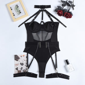 Yimunancy Mesh Bodysuit Women Gothic Backless Bandage Sexy Body Femme Halter Bandage Black Bodysuit Clubwear
