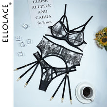 Load image into Gallery viewer, Ellolace Erotic Lingerie Set Woman 3 Pieces Sensual Embroidery Transparent Brief Sets Fancy Garters Luxury Lace Sexy Outfits
