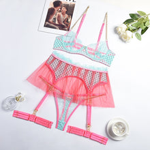 Load image into Gallery viewer, Yimunancy 3-Piece Contrast Color Lace Lingerie Set Mesh Patchwork Exotic Set Gold Chain Sexy Garter Brief Kit
