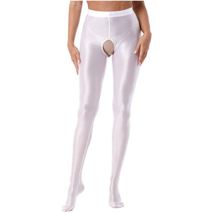 Womens Glossy Crotchless Pantyhose Sexy High Waist Oily Shiny Tights Leggings pants Exotic Wetlook Open Crotch  Nightwear