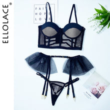 Load image into Gallery viewer, Ellolace Sexy Lingerie Mesh Patchwork Fancy Underwear Ruffle Garters Delicate Luxury Brief Set See Through Sensual Erotic Sets
