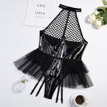 Load image into Gallery viewer, Yimunancy One Piece PU Leather Women Bodysuit Mesh Patchwork Black Bodysuit Sexy Erotic Body Femme Clubwear Overalls
