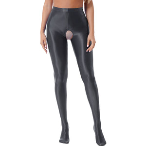 Womens Glossy Crotchless Pantyhose Sexy High Waist Oily Shiny Tights Leggings pants Exotic Wetlook Open Crotch  Nightwear
