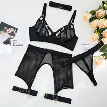 Load image into Gallery viewer, Yimunancy 4-Piece Bandage Lingerie Set 3 Colors Garter Hallow Out Thong Choker Mesh Sexy Exotic Set Fancy Kit
