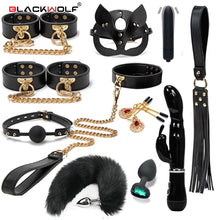 Load image into Gallery viewer, BLACKWOLF BDSM Bondage Kits Genuine Leather Restraint Set Handcuffs Collar Gag Rabbit Vibrators Adult Sex Toys For Women Couples
