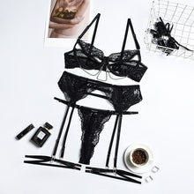 Load image into Gallery viewer, Yimunancy 3 Piece Lace Sexy Bra Set 2022 Gothic Metal Chain Perspective Underwear + Erotic Thong Set Women&#39;s Garter Set
