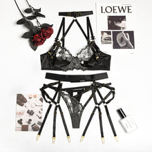 Load image into Gallery viewer, Yimunancy 3-Piece Lace Lingerie Set Women Cut Out 5 Colors Embroidery Floral Erotic Set Pink Bandage Sexy Brief Kit
