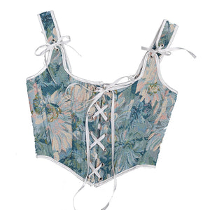 Short Lace Up Overbust Corset Crop Top 2022 Fashion Embroidery Straps Cami Cropped Top for Women