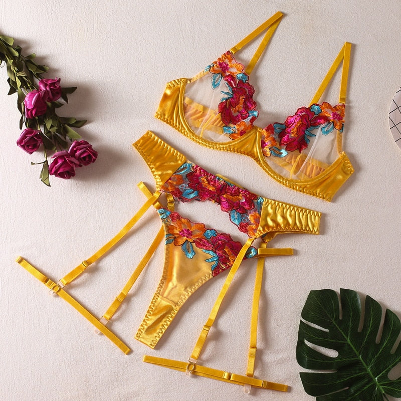 Yimunancy 3-Piece Contrast Color Lace Bra Set Women 10 Colors Embroidery Panty Underwear Set Ladies Blue Sexy Lingerie Set