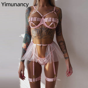 Yimunancy Mesh Garter Lingerie Set Women Transprent Bandage Sexy Exotic Sets Fashion Brief Solid Fancy Kit