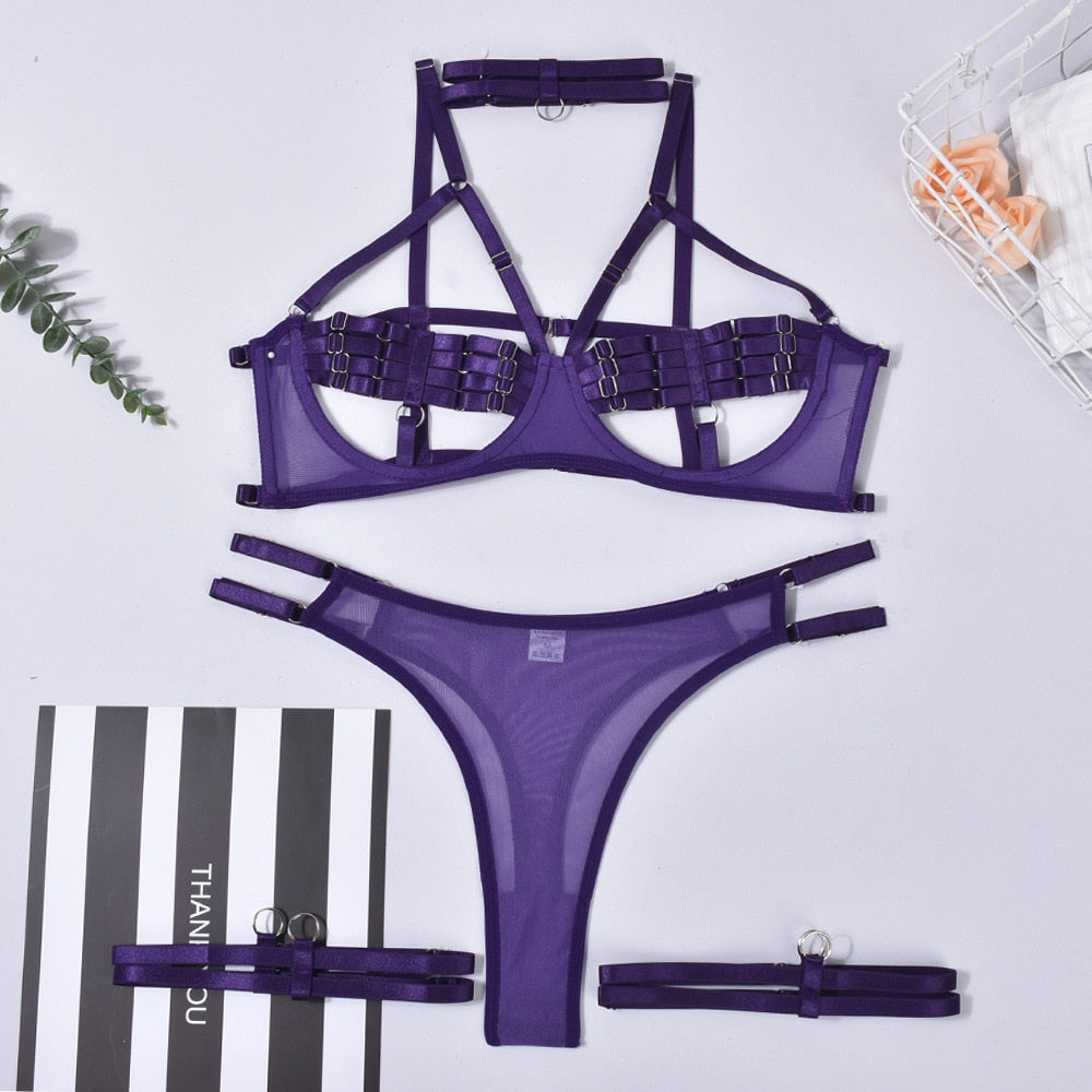 Yimunancy 4-Piece Bandage Erotic Set Women Choker Cut Out Solid Vintage Purple Sexy Lingerie Set Breif Kit