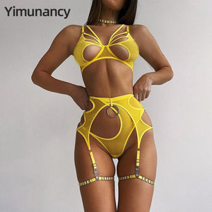 Yimunancy 4-Piece Mesh Exotic Set Women Choker Bandage Fancy Kit Yellow Cut Out Sexy Lingerie Set