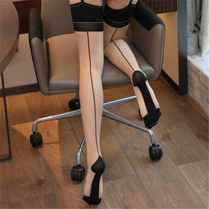 Retro Contrast Color Thigh-high Patchwork Stockings Women's See Through Long Stockings Female 10D Silk Socks Cosplay Lingerie