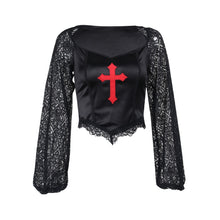 Load image into Gallery viewer, Goth Black Long Sleeve Corset Crop Tops Women Aesthetic Sexy V-Neck Velvet Lace Mesh T-Shirts Y2K Harajuku Vintage Fashion Tops
