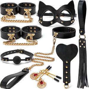 BLACKWOLF BDSM Bondage Kits Genuine Leather Restraint Set Handcuffs Collar Gag Rabbit Vibrators Adult Sex Toys For Women Couples