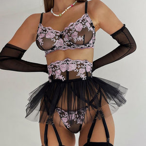 Yimunancy 3-Piece Floral Embroidery Lingerie Set Women Black Ball Gown Erotic Set Sexy Thong Brief Kit