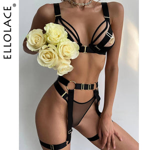 Ellolace Sensual Lingerie Porn Transparent Bra Lace Thongs 5-Piece Sissy Delicate Underwear Uncensored Exotic Sets With Garters